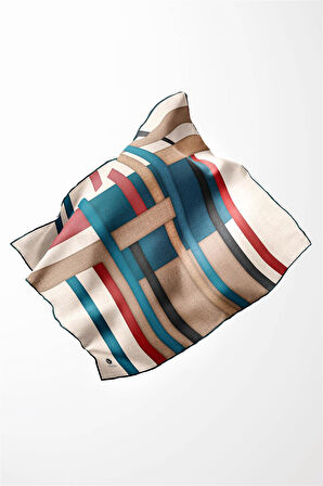 Twill Renkli Şerit Desenli Petrol Mavisi Renkli 90x90 Eşarp (İpek İçermez) Kenar Dikiş Şekli El Dikişli