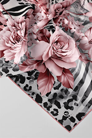 Twill Renkli Şerit Desenli Pudra Renkli 90x90 Eşarp (İpek İçermez) Kenar Dikiş Şekli El Dikişli