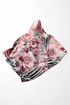 Twill Renkli Şerit Desenli Pudra Renkli 90x90 Eşarp (İpek İçermez) Kenar Dikiş Şekli El Dikişli