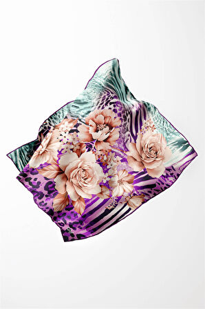 Twill Renkli Şerit Desenli Mor Renkli 90x90 Eşarp (İpek İçermez) Kenar Dikiş Şekli El Dikişli