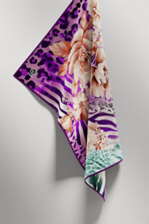 Twill Renkli Şerit Desenli Mor Renkli 90x90 Eşarp (İpek İçermez) Kenar Dikiş Şekli El Dikişli