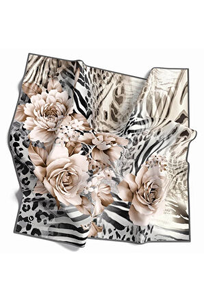 Twill Renkli Şerit Desenli Gri Renkli 90x90 Eşarp (İpek İçermez) Kenar Dikiş Şekli El Dikişli