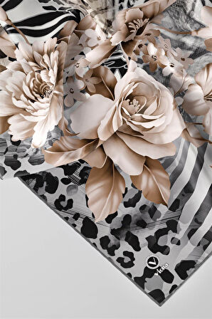 Twill Renkli Şerit Desenli Gri Renkli 90x90 Eşarp (İpek İçermez) Kenar Dikiş Şekli El Dikişli