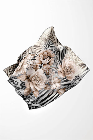 Twill Renkli Şerit Desenli Gri Renkli 90x90 Eşarp (İpek İçermez) Kenar Dikiş Şekli El Dikişli