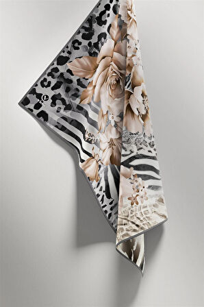 Twill Renkli Şerit Desenli Gri Renkli 90x90 Eşarp (İpek İçermez) Kenar Dikiş Şekli El Dikişli