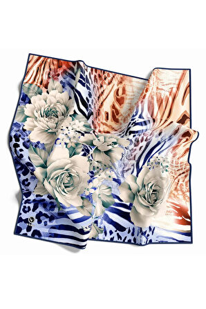 Twill Renkli Şerit Desenli İndigo - Taba  Renkli 90x90 Eşarp (İpek İçermez) Kenar Dikiş Şekli El Dikişli