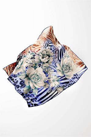 Twill Renkli Şerit Desenli İndigo - Taba  Renkli 90x90 Eşarp (İpek İçermez) Kenar Dikiş Şekli El Dikişli