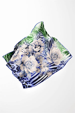 Twill Renkli Şerit Desenli Saks - Zümrüt Yeşili Renkli 90x90 Eşarp (İpek İçermez) Kenar Dikiş Şekli El Dikişli