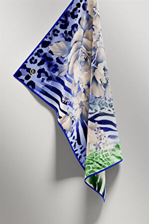 Twill Renkli Şerit Desenli Saks - Zümrüt Yeşili Renkli 90x90 Eşarp (İpek İçermez) Kenar Dikiş Şekli El Dikişli