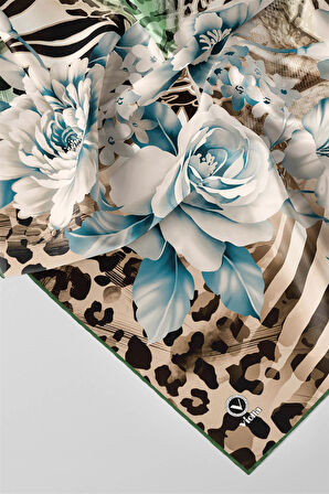 Twill Renkli Şerit Desenli Mint Yeşili - Bej Renkli 90x90 Eşarp (İpek İçermez) Kenar Dikiş Şekli El Dikişli