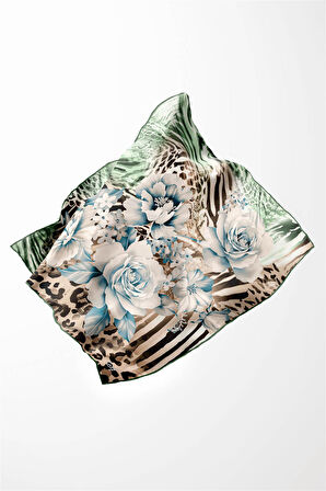 Twill Renkli Şerit Desenli Mint Yeşili - Bej Renkli 90x90 Eşarp (İpek İçermez) Kenar Dikiş Şekli El Dikişli