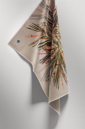 Twill Havai Fişek Desenli Bej Renkli 90x90 Eşarp (İpek İçermez) Kenar Dikiş Şekli El Dikişli