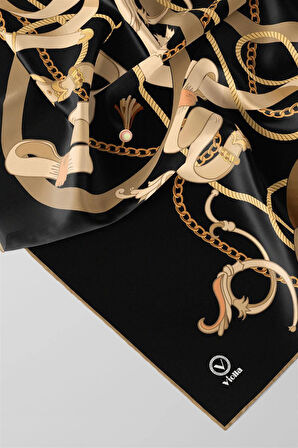 Twill Kemerli Ve Zincir Desenli Siyah Renkli 90x90 Eşarp (İpek İçermez) Kenar Dikiş Şekli El Dikişli