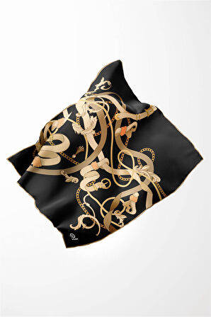 Twill Kemerli Ve Zincir Desenli Siyah Renkli 90x90 Eşarp (İpek İçermez) Kenar Dikiş Şekli El Dikişli