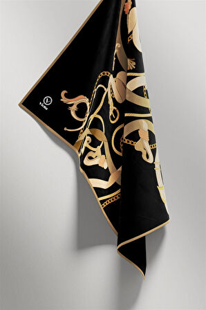 Twill Kemerli Ve Zincir Desenli Siyah Renkli 90x90 Eşarp (İpek İçermez) Kenar Dikiş Şekli El Dikişli