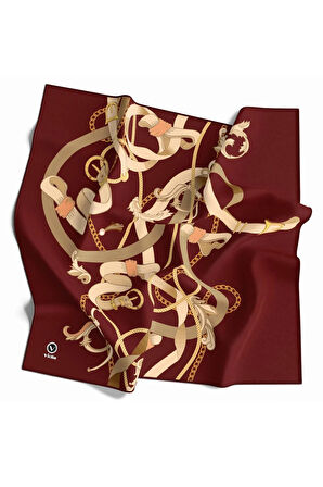 Twill Kemerli Ve Zincir Desenli Bordo Renkli 90x90 Eşarp (İpek İçermez) Kenar Dikiş Şekli El Dikişli