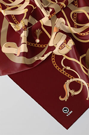 Twill Kemerli Ve Zincir Desenli Bordo Renkli 90x90 Eşarp (İpek İçermez) Kenar Dikiş Şekli El Dikişli