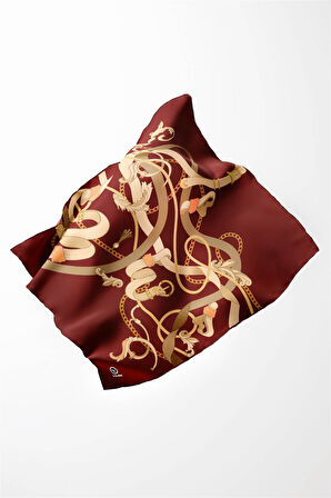 Twill Kemerli Ve Zincir Desenli Bordo Renkli 90x90 Eşarp (İpek İçermez) Kenar Dikiş Şekli El Dikişli