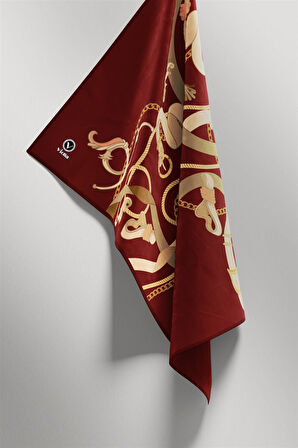Twill Kemerli Ve Zincir Desenli Bordo Renkli 90x90 Eşarp (İpek İçermez) Kenar Dikiş Şekli El Dikişli