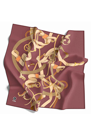 Twill Kemerli Ve Zincir Desenli Gül Kurusu Renkli 90x90 Eşarp (İpek İçermez) Kenar Dikiş Şekli El Dikişli