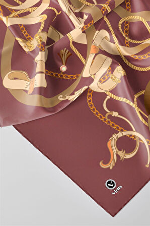 Twill Kemerli Ve Zincir Desenli Gül Kurusu Renkli 90x90 Eşarp (İpek İçermez) Kenar Dikiş Şekli El Dikişli