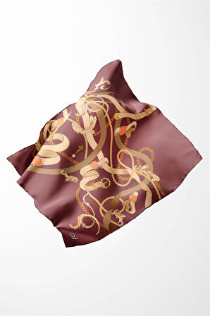 Twill Kemerli Ve Zincir Desenli Gül Kurusu Renkli 90x90 Eşarp (İpek İçermez) Kenar Dikiş Şekli El Dikişli