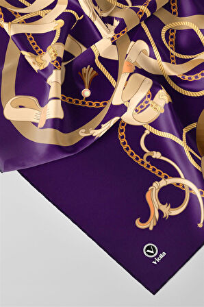 Twill Kemerli Ve Zincir Desenli Mor Renkli 90x90 Eşarp (İpek İçermez) Kenar Dikiş Şekli El Dikişli