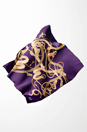 Twill Kemerli Ve Zincir Desenli Mor Renkli 90x90 Eşarp (İpek İçermez) Kenar Dikiş Şekli El Dikişli