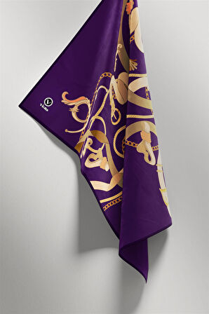 Twill Kemerli Ve Zincir Desenli Mor Renkli 90x90 Eşarp (İpek İçermez) Kenar Dikiş Şekli El Dikişli