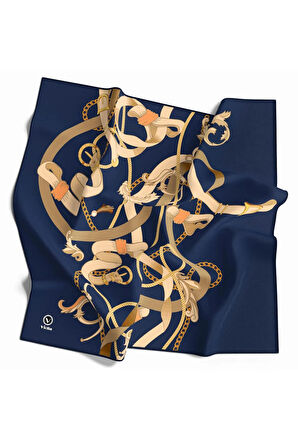 Twill Kemerli Ve Zincir Desenli İndigo Renkli 90x90 Eşarp (İpek İçermez) Kenar Dikiş Şekli El Dikişli