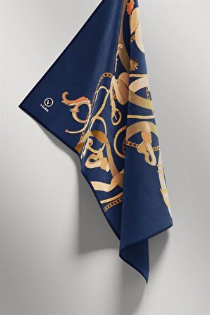 Twill Kemerli Ve Zincir Desenli İndigo Renkli 90x90 Eşarp (İpek İçermez) Kenar Dikiş Şekli El Dikişli