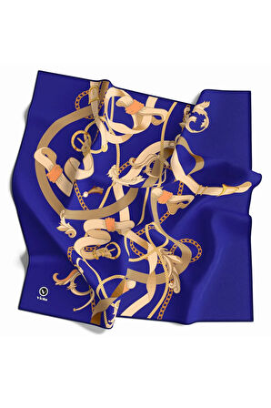 Twill Kemerli Ve Zincir Desenli Saks Renkli 90x90 Eşarp (İpek İçermez) Kenar Dikiş Şekli El Dikişli