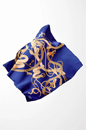 Twill Kemerli Ve Zincir Desenli Saks Renkli 90x90 Eşarp (İpek İçermez) Kenar Dikiş Şekli El Dikişli