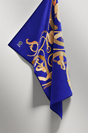 Twill Kemerli Ve Zincir Desenli Saks Renkli 90x90 Eşarp (İpek İçermez) Kenar Dikiş Şekli El Dikişli