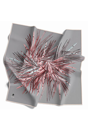 Twill Havai Fişek Desenli Gri - Pudra Renkli 90x90 Eşarp (İpek İçermez) Kenar Dikiş Şekli El Dikişli