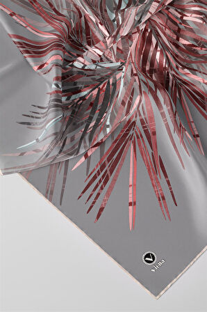 Twill Havai Fişek Desenli Gri - Pudra Renkli 90x90 Eşarp (İpek İçermez) Kenar Dikiş Şekli El Dikişli