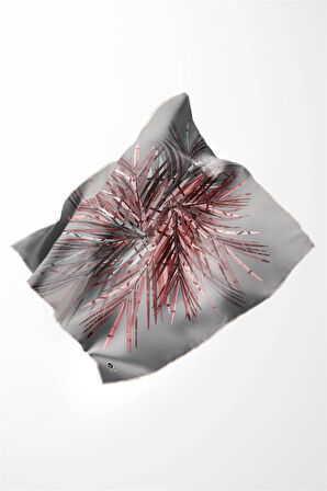 Twill Havai Fişek Desenli Gri - Pudra Renkli 90x90 Eşarp (İpek İçermez) Kenar Dikiş Şekli El Dikişli