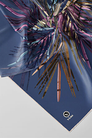 Twill Havai Fişek Desenli İndigo Renkli 90x90 Eşarp (İpek İçermez) Kenar Dikiş Şekli El Dikişli