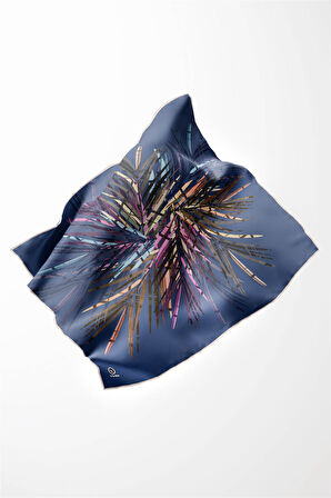 Twill Havai Fişek Desenli İndigo Renkli 90x90 Eşarp (İpek İçermez) Kenar Dikiş Şekli El Dikişli