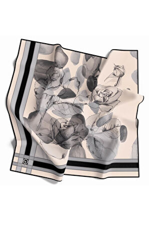 Soft Çiçek Desenli Gri Renkli 90x90 Eşarp (İpek İçermez) Kenar Dikiş Şekli El Dikişli