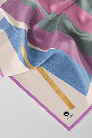 Twill Geometrik Desenli Pembe Renkli 90x90 Eşarp (İpek İçermez) Kenar Dikiş Şekli El Dikişli