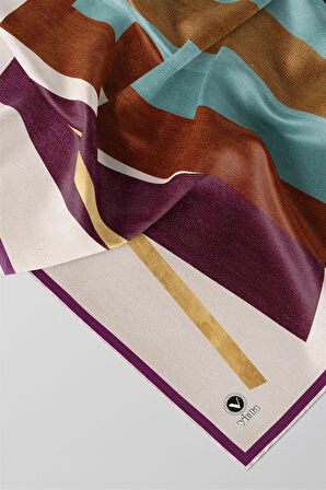 Twill Geometrik Desenli Mürdüm Renkli 90x90 Eşarp (İpek İçermez) Kenar Dikiş Şekli El Dikişli