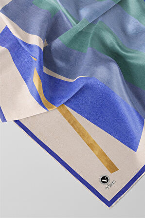 Twill Geometrik Desenli İndigo Renkli 90x90 Eşarp (İpek İçermez) Kenar Dikiş Şekli El Dikişli