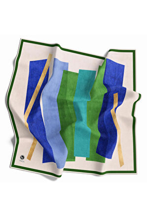 Twill Geometrik Desenli Zümrüt Yeşili - Saks Renkli 90x90 Eşarp (İpek İçermez) Kenar Dikiş Şekli El Dikişli