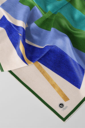 Twill Geometrik Desenli Zümrüt Yeşili - Saks Renkli 90x90 Eşarp (İpek İçermez) Kenar Dikiş Şekli El Dikişli