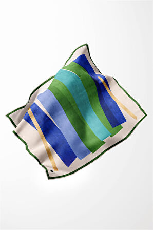 Twill Geometrik Desenli Zümrüt Yeşili - Saks Renkli 90x90 Eşarp (İpek İçermez) Kenar Dikiş Şekli El Dikişli