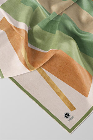 Twill Geometrik Desenli Haki Renkli 90x90 Eşarp (İpek İçermez) Kenar Dikiş Şekli El Dikişli