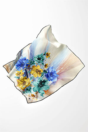 Twill Çiçek Desenli Siyah Renkli 90x90 Eşarp (İpek İçermez) Kenar Dikiş Şekli El Dikişli