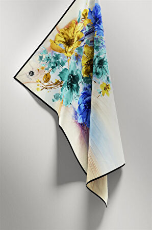 Twill Çiçek Desenli Siyah Renkli 90x90 Eşarp (İpek İçermez) Kenar Dikiş Şekli El Dikişli