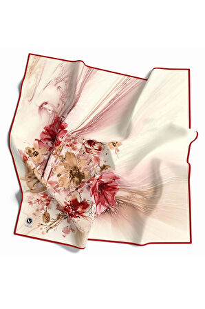 Twill Çiçek Desenli Bordo Renkli 90x90 Eşarp (İpek İçermez) Kenar Dikiş Şekli El Dikişli